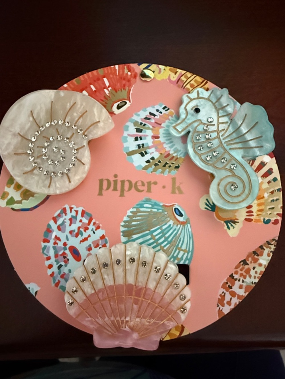 Piper. K Shell & Seahorse Women’s Hair Clips Pink Cream Blue Rhinestone’s 3 PK